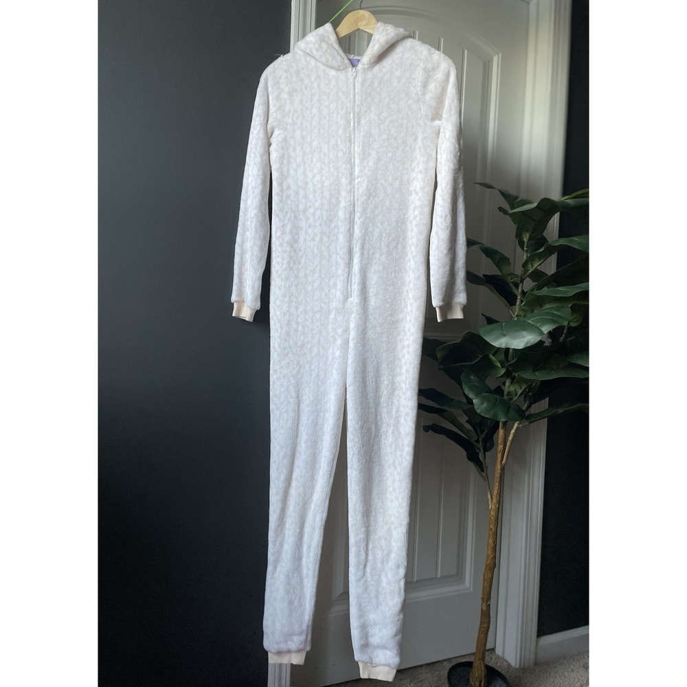 Peace Love & Dreams Girls XL Owl Hooded Fleece One Piece Pajama White Zip